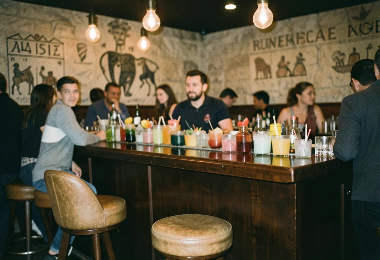 Brickell bar with patrons enjoying Latin nightlife, vibrant yet muted atmosphere.