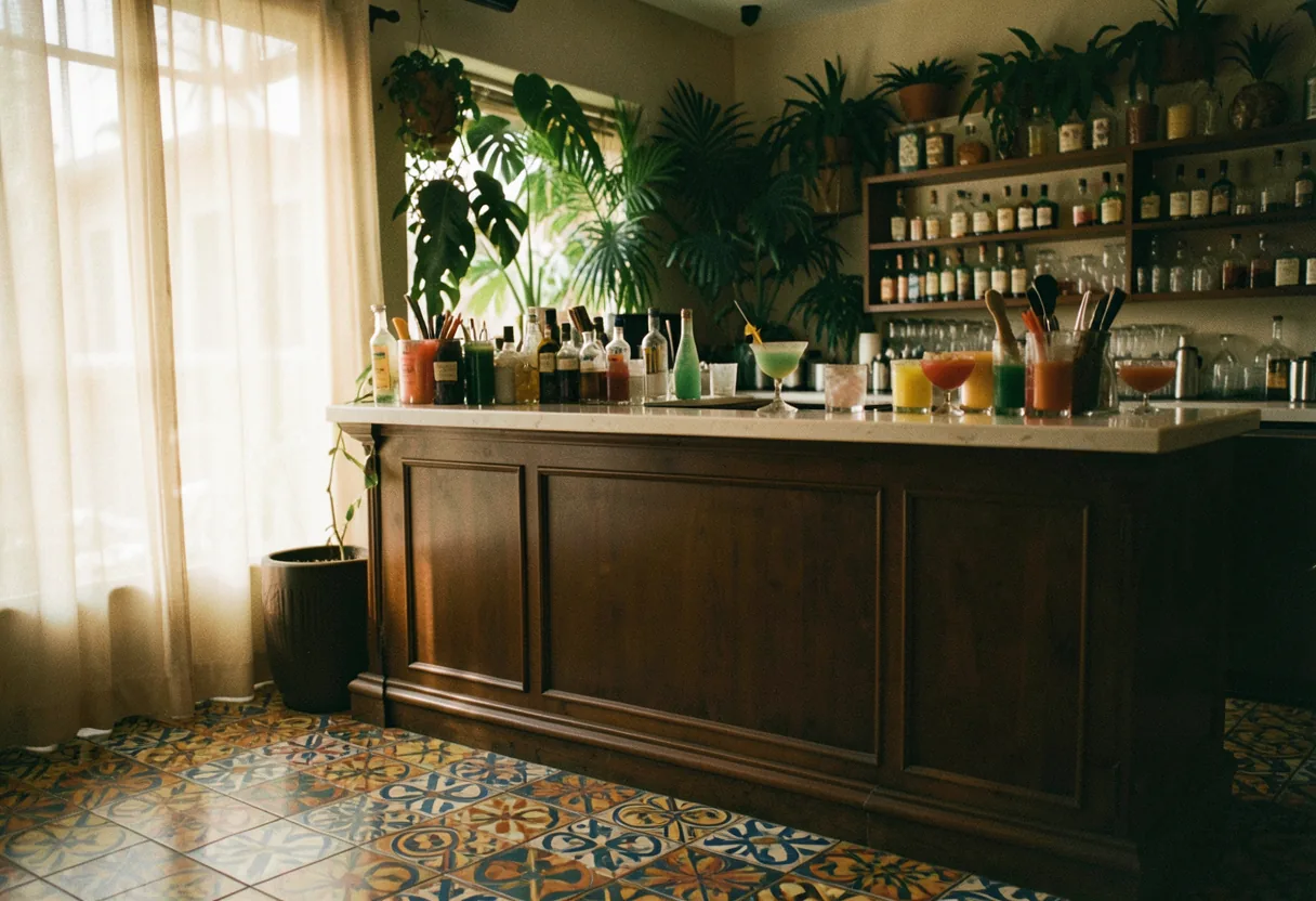 Vibrant Latin-inspired bar interior, Brickell Miami nightlife, colorful decor, lively atmosphere.