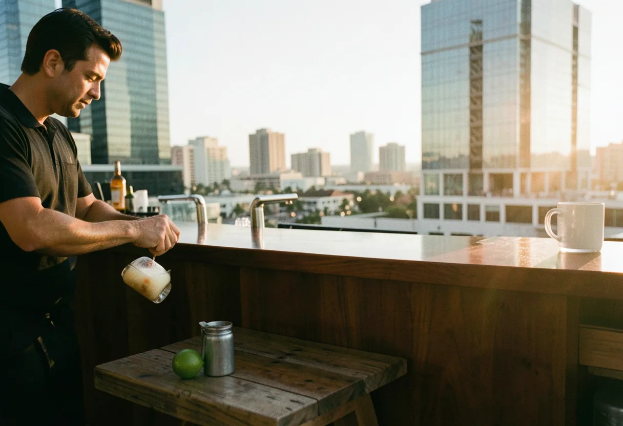 Brickell rooftop bar, golden-hour glow, Latin mixology, muted colors, Miami skyline backdrop.