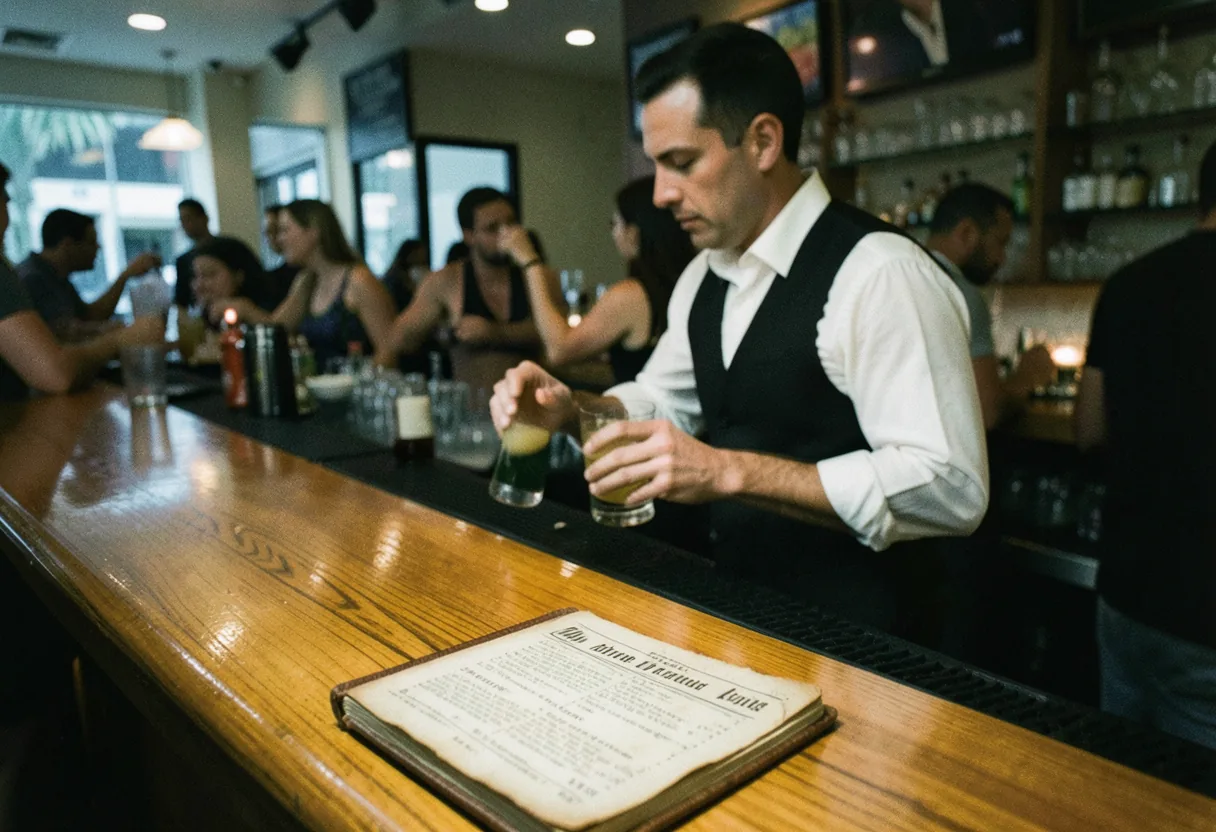 Dimly lit downtown Miami bar counter bustling with patrons under soft diffused lighting.