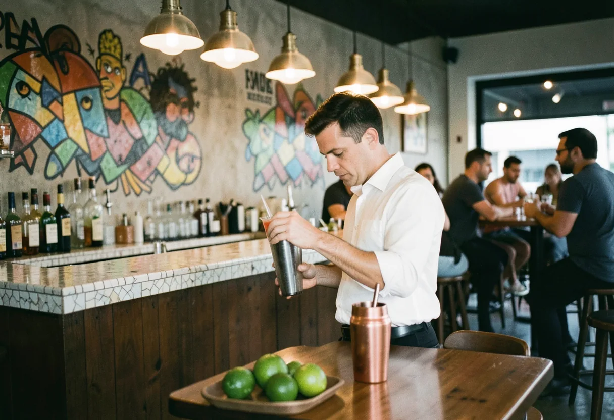 Vibrant Wynwood bar with Latin cocktails, colorful murals, and lively patrons under soft lighting.
