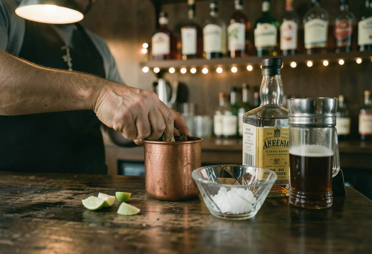 Worn dark wood bar counter, muted colors, soft lighting, Latin mixology ingredients scattered.