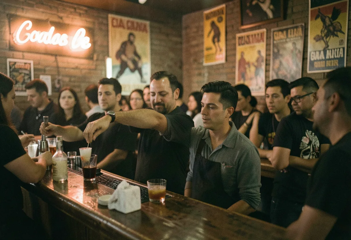 Brickell bars at dusk, warm neon lights reflecting on wet pavement, Latin nightlife vibe.