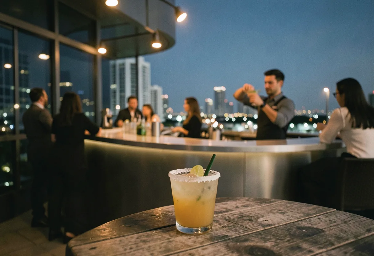 Rooftop bar with dim lights, people sipping cocktails, Brickell Miami nightlife.