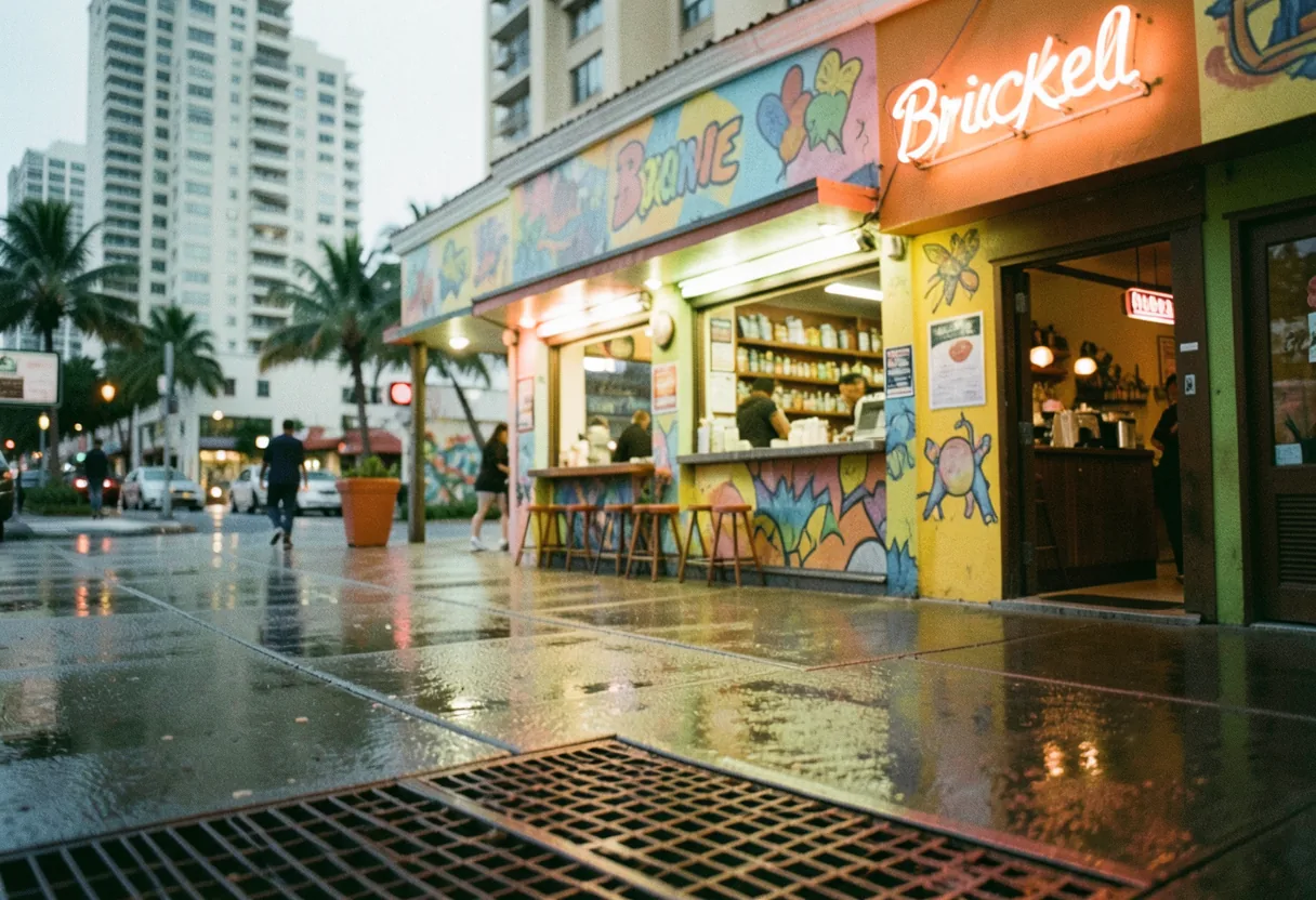 Dimly lit Latin bar with patrons enjoying drinks, vibrant decor, and lively atmosphere. Brickell Miami Nightlife.