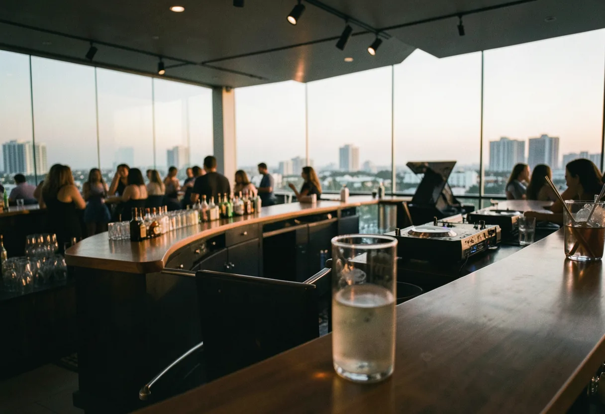 Rooftop Latin nightclub, golden lights, Miami skyline, Brickell Nightclub Miami, high-end, vibrant