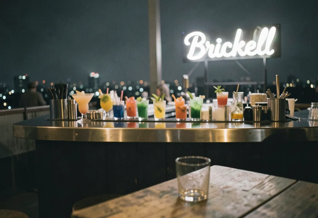 Rooftop Latin bar with sleek counter, nighttime ambiance, muted colors, Brickell Nightclub.