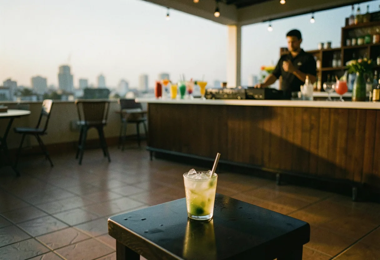 Rooftop Latin bar at dusk, vibrant tiled floor, bar counter, city skyline.