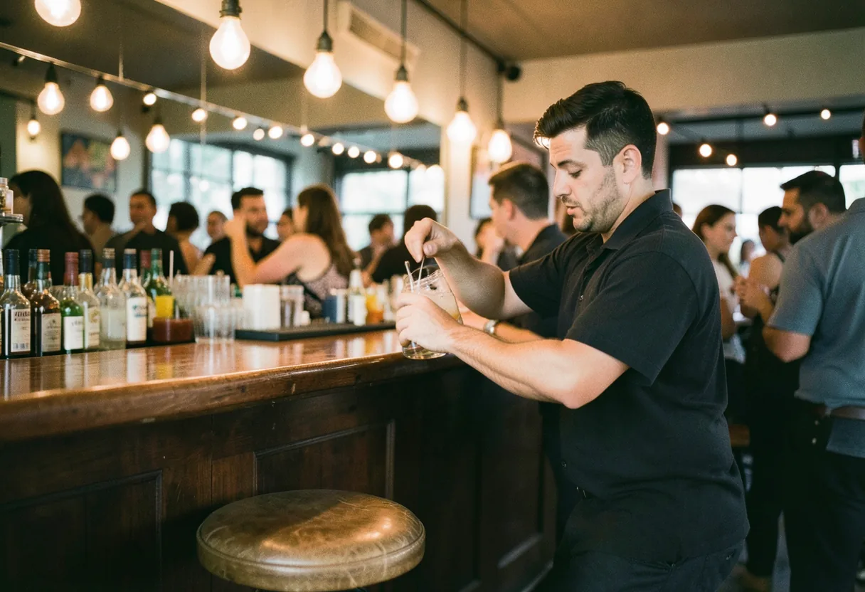 Crowded Latin cocktail bar, warm ambient glow, bustling with energy, muted colors, soft light.