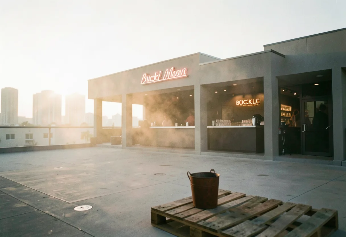 Rooftop Latin club in Brickell Miami, warm glow, muted colors, people dancing.