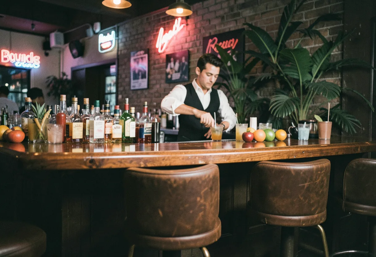 Brickell Miami Latin club with a polished mahogany bar, vibrant yet dimly lit.
