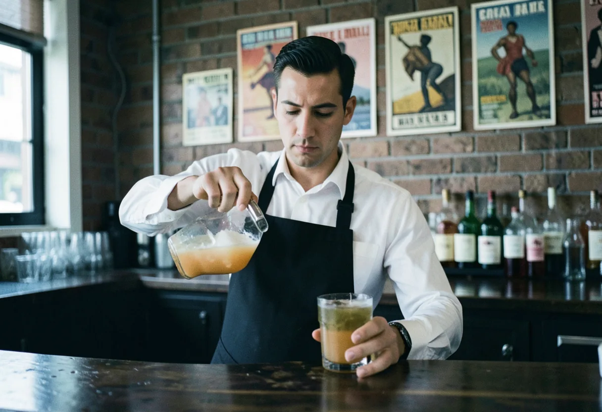 Brickell cocktail bar, Latin drinks, soft lighting, muted colors, expert mixology in action.