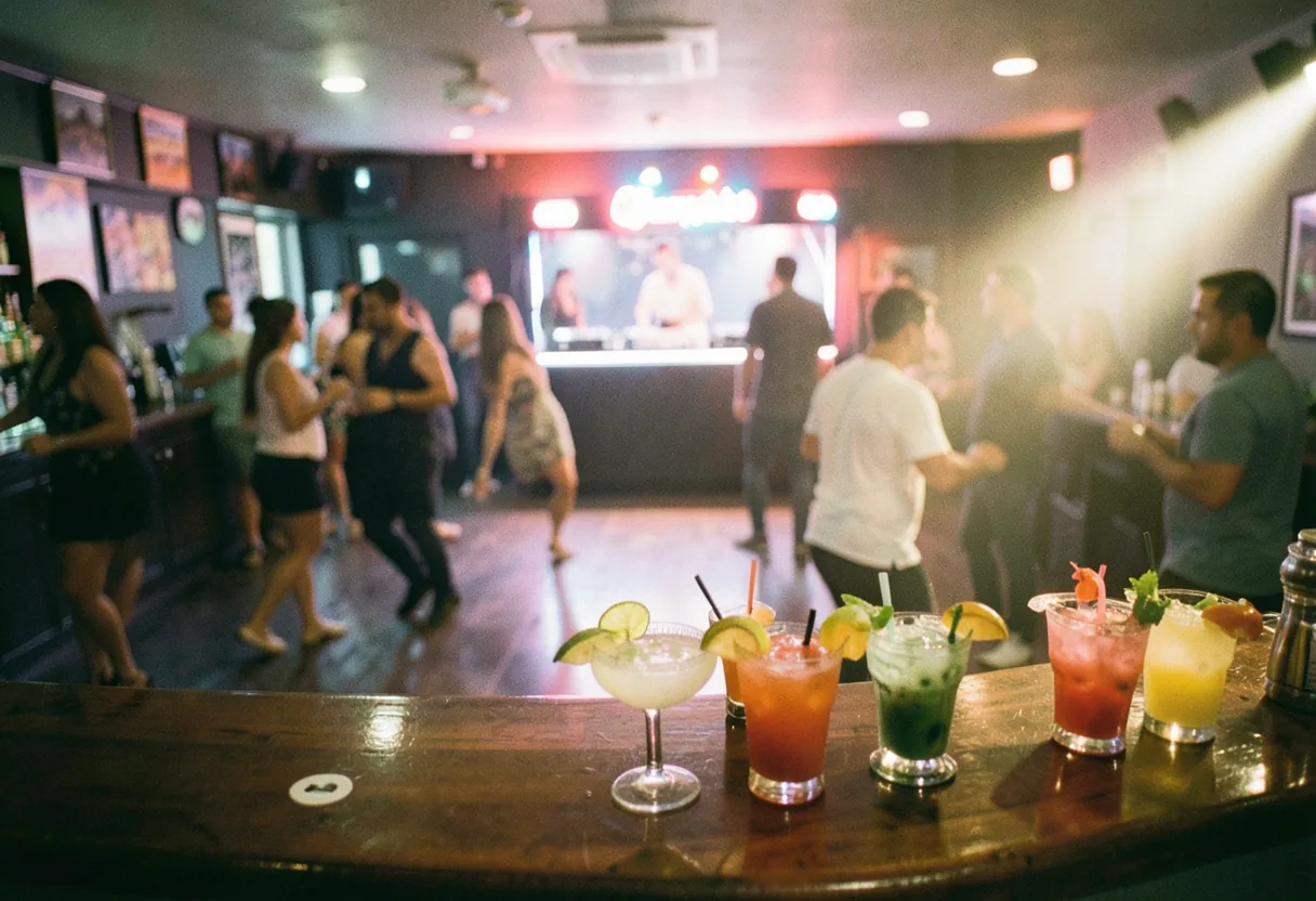 A lively Latin dance bar with colorful lights, a crowded dance floor, and a DJ booth.