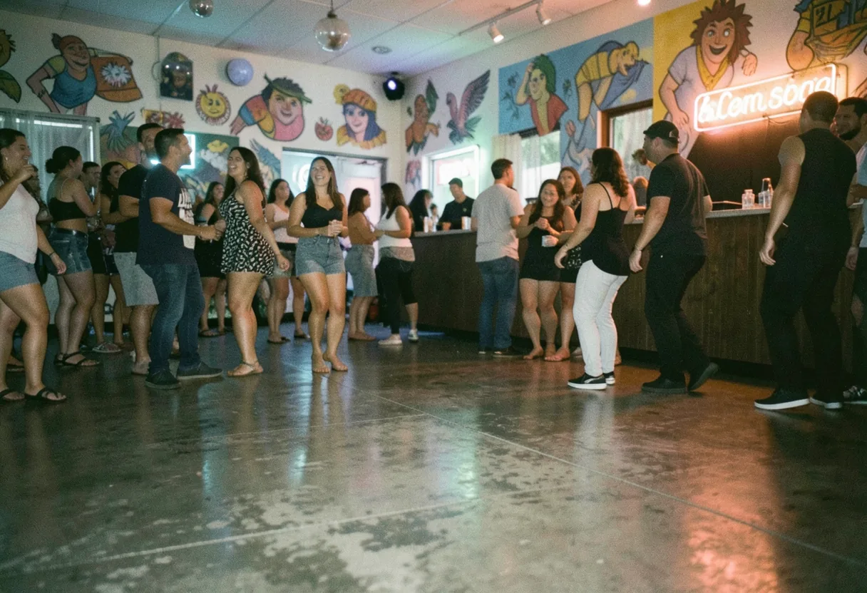 Dance floor with colorful lights, people dancing, vibrant Latin club scene in Miami.