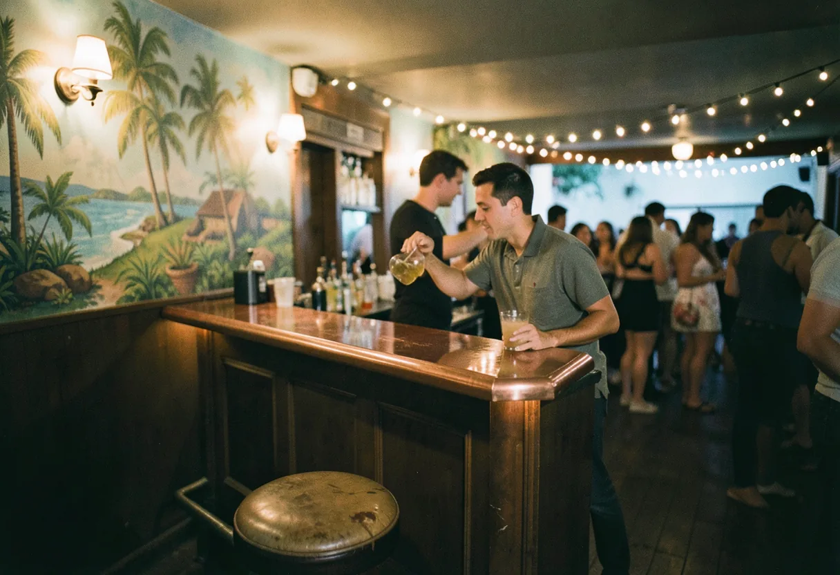 Dimly lit Latin club interior, blurred dancers, vibrant yet muted colors, Doral's hidden gem venues.