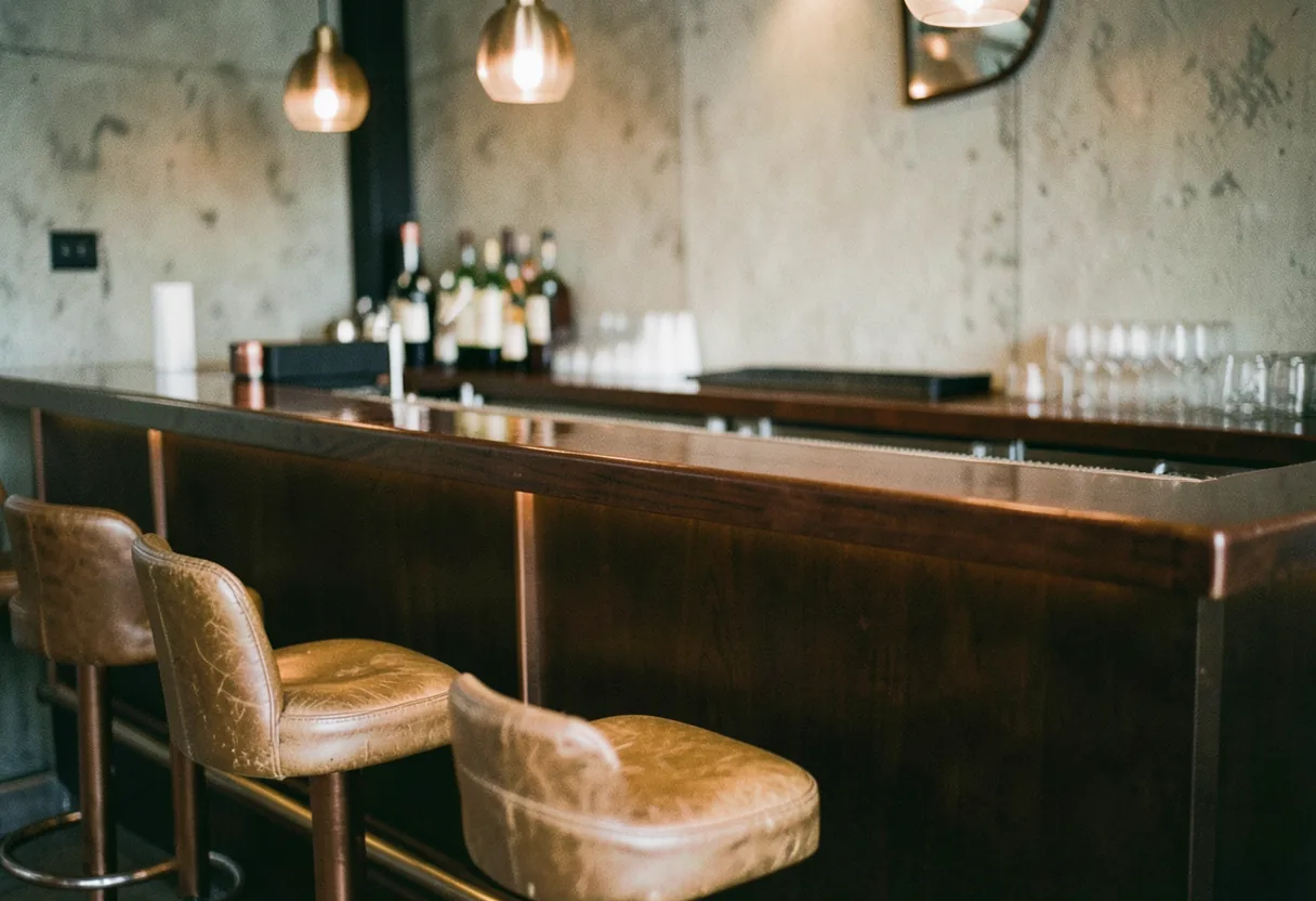Sleek, well-lit bar counter in muted Latin cocktail bar, Doral, Miami.