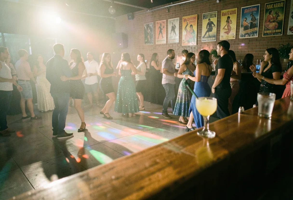 Dancing couples in a vibrant Miami Latin dance club, salsa music fills the air.