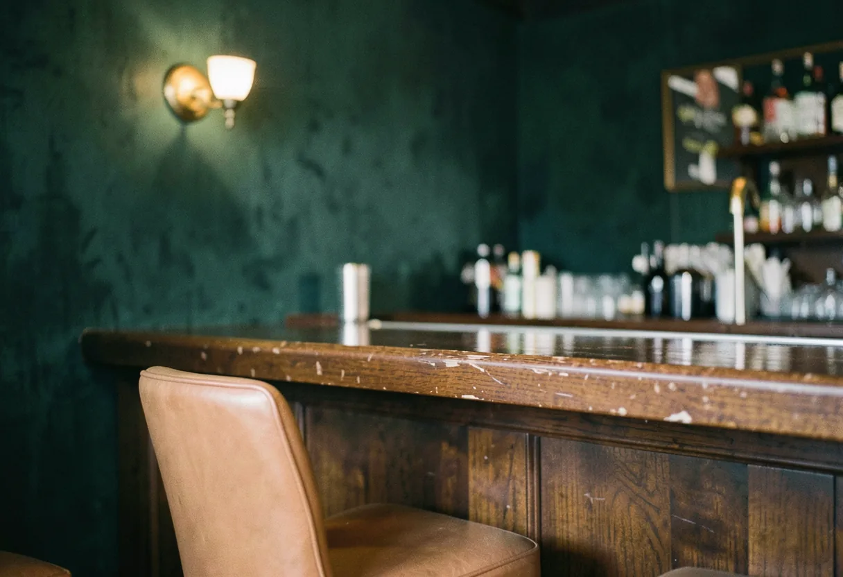 Dimly lit Latin lounge bar with vintage decor and patrons enjoying drinks.