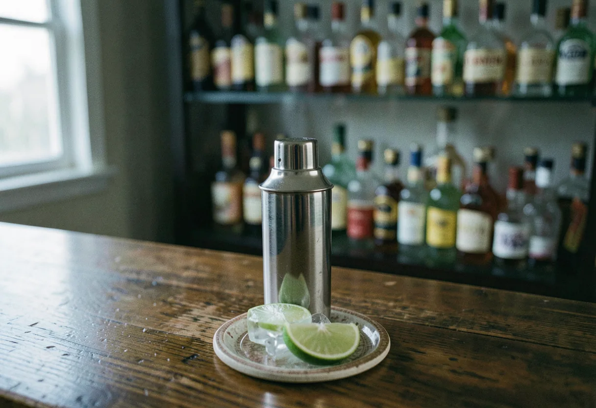 A wooden bar counter with cocktail ingredients and tools, Miami Latin Cocktail Recipes: Home Mixology Guide.