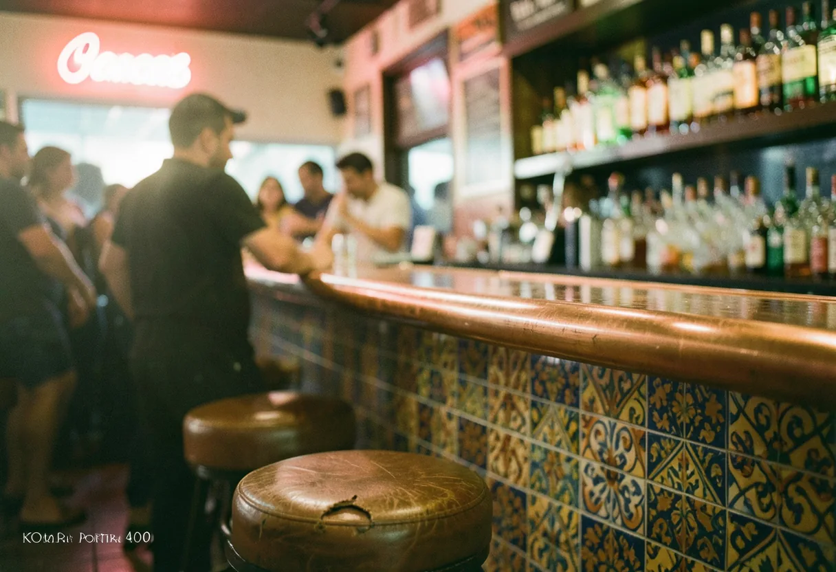 Vibrant Miami bar bathed in neon glow during golden hour, Latin nightlife scene.
