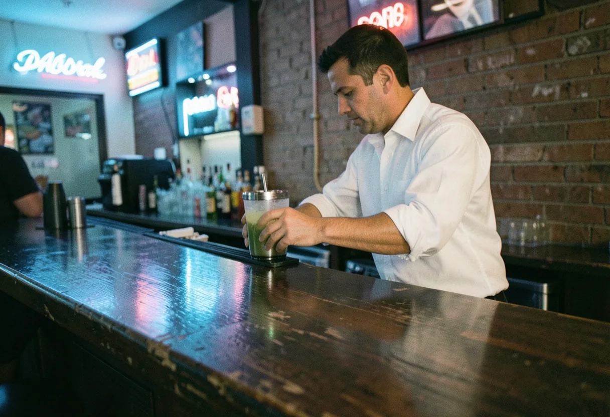 Neon-lit Latin bar in Doral, Miami, bustling with nightlife energy. Miami Latin Nightlife.