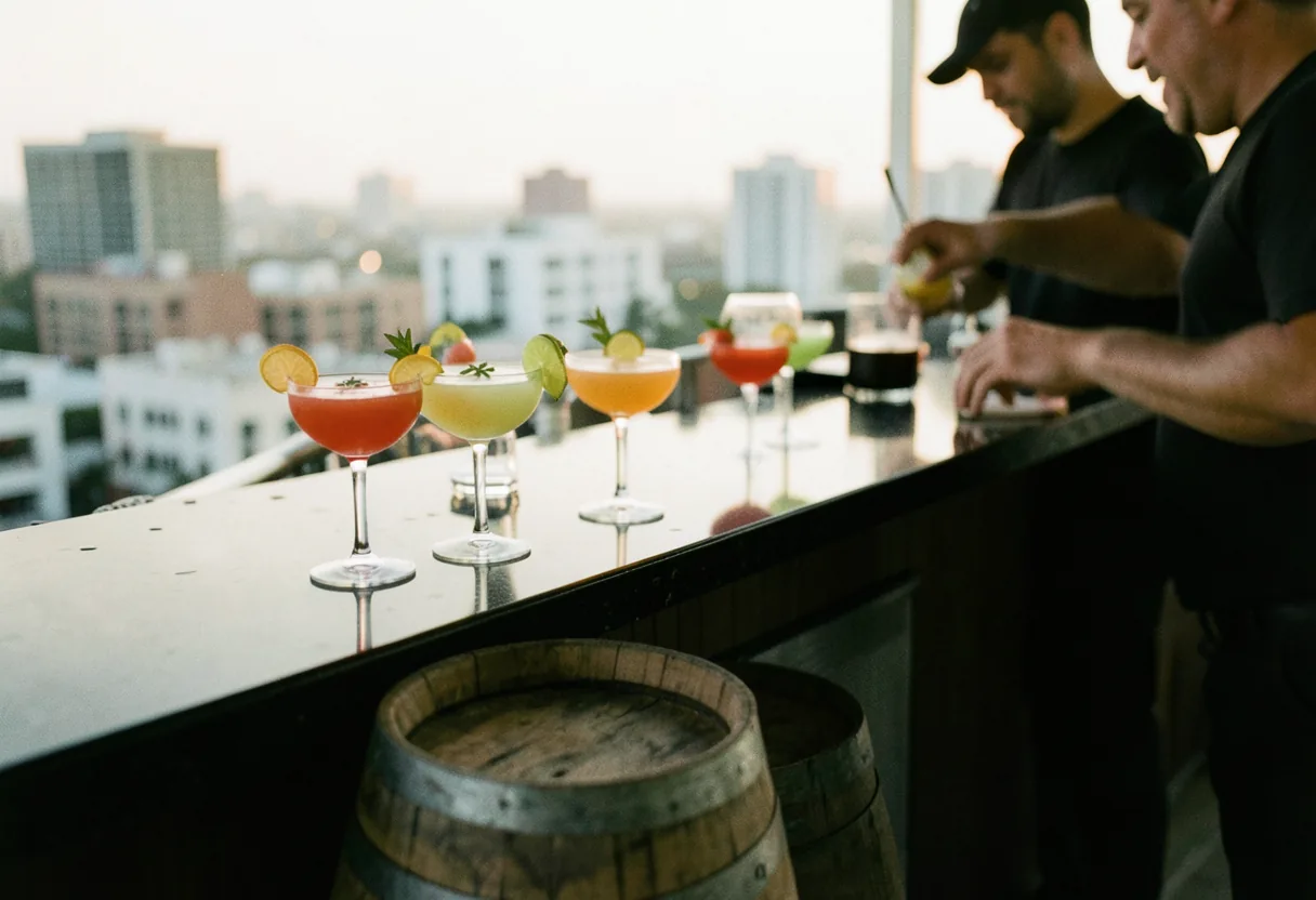 Rooftop bar Brickell, golden-hour glow, Latin cocktails, Miami skyline, muted tones.