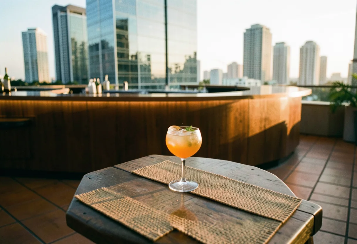 Rooftop bar in Brickell at sunset, vibrant cocktails, Miami skyline, upscale Latin ambiance.