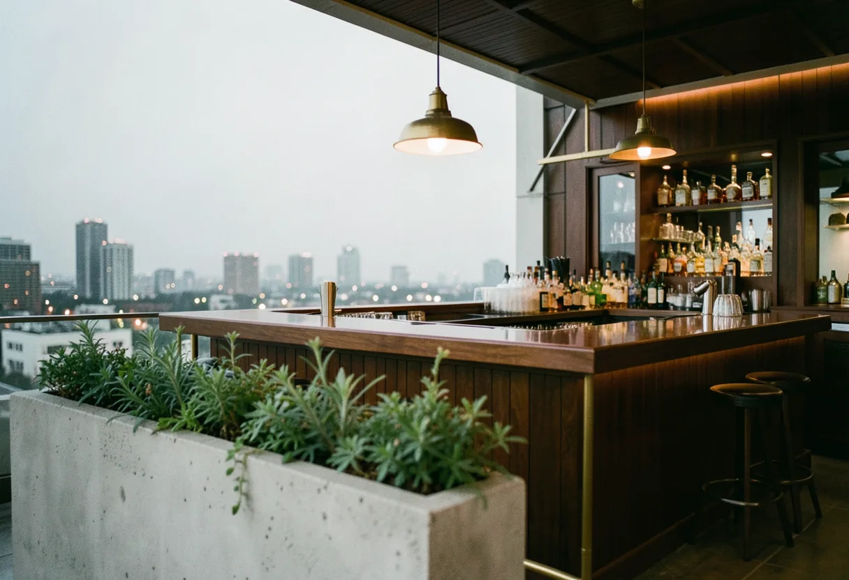Sleek rooftop bar in Brickell, muted colors, city skyline, cocktail glasses