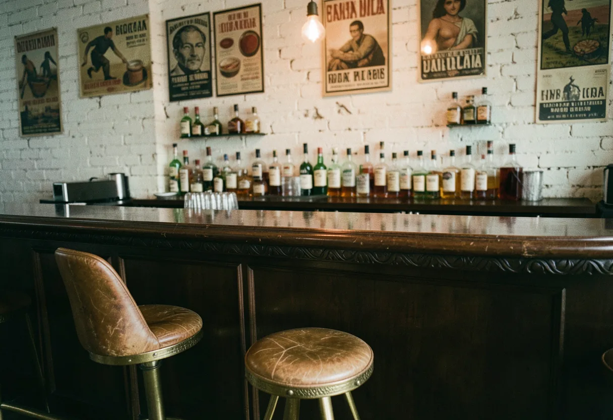 Rosario Menu: Best Latin Cocktails & Food Pairings - A dimly lit bar counter with cocktails and food.