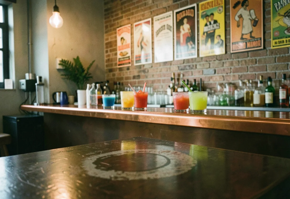Rosario Miami bar with vibrant Latin decor, warm lighting, and colorful cocktails on display.