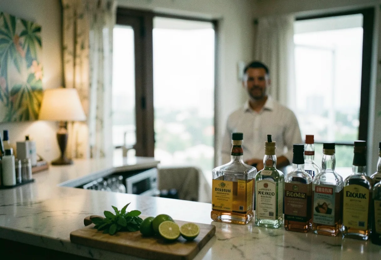 A Miami home bar with rum bottles, tropical decor, soft diffused light, muted colors.
