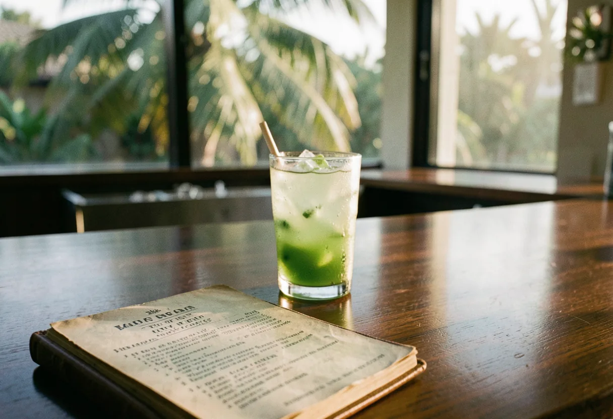 A modern bar counter with polished dark walnut, Miami's most popular cocktail.