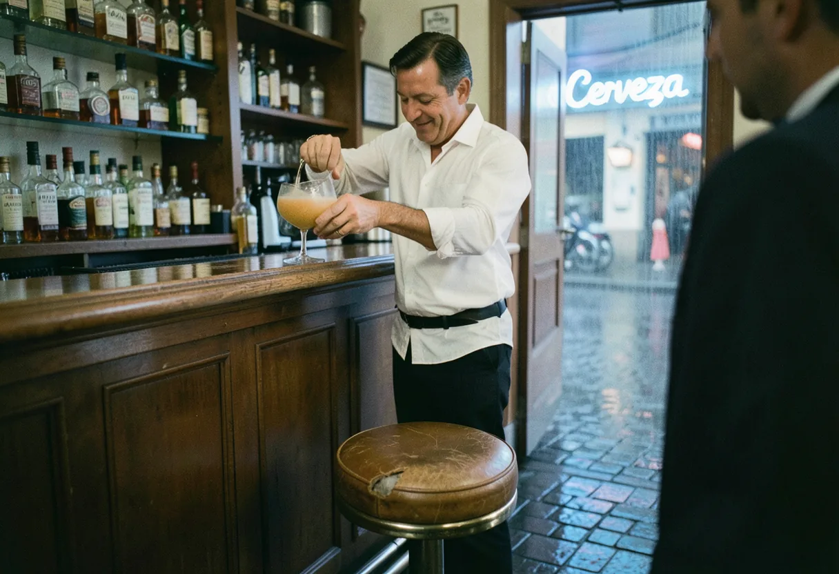 Worn wooden counter in softly lit traditional Latin bar, Miami's 40-year-old hotspot.