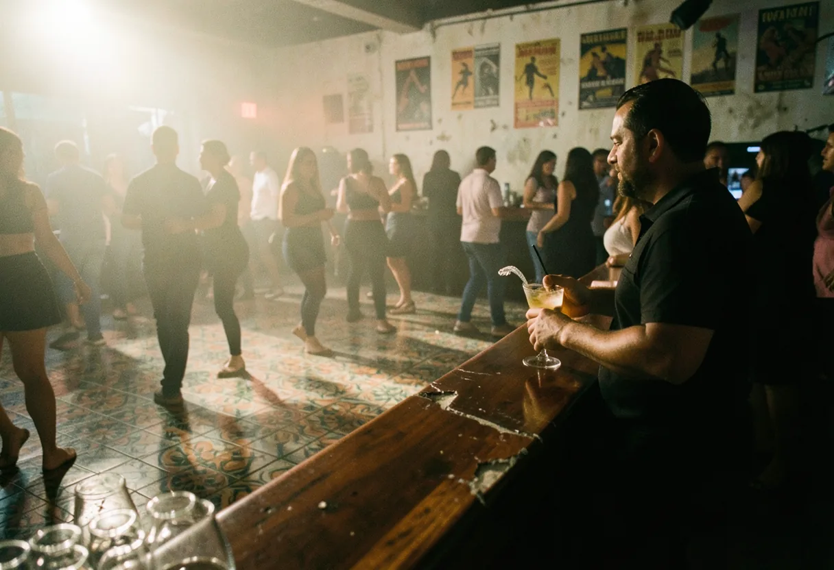 Dimly lit Latin dance club with bustling crowd, vibrant neon lights, and energetic dancers in Miami.